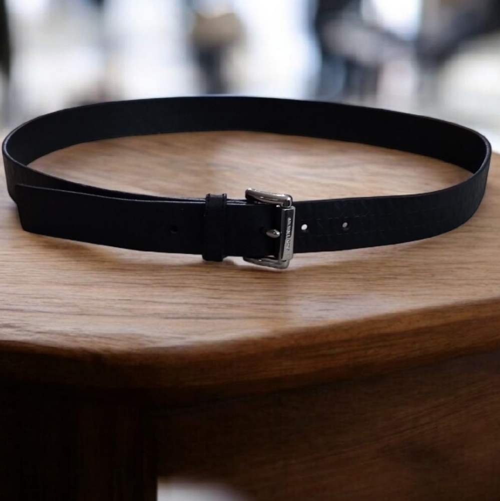Men's Michael Kors Black Monogramed Leather Belt with Silver Buckle Sz L
